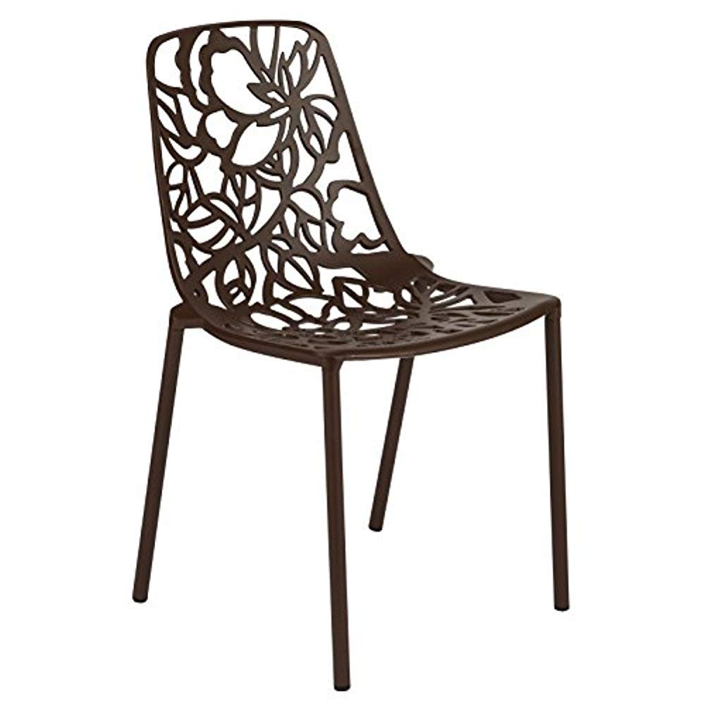 LeisureMod Aluminum Stackable Dining Chair with Floral Cutout Design, Brown Patio Side Chair for Indoor and Outdoor Use