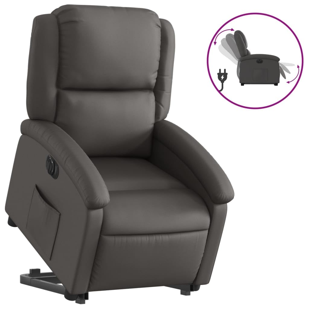vidaXL Electric Leather Recliner Armchair-Gray Power Lift Chair with Adjustable Backrest/Footrest & Convenient Side Pocket for Living Room