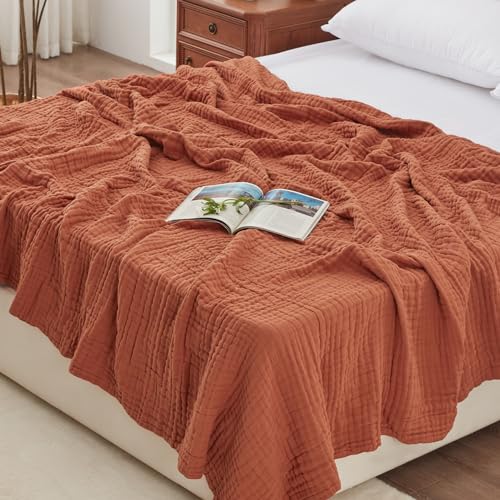 Love'S Cabin 6 Layer 100% Cotton Muslin Blanket, 90'X90' Muslin Blanket Queen For Couch Bed, Orange Queen Size Muslin Blanket, Cotton Gauze Blanket For Adult, Lightweight And Breathable Blanket