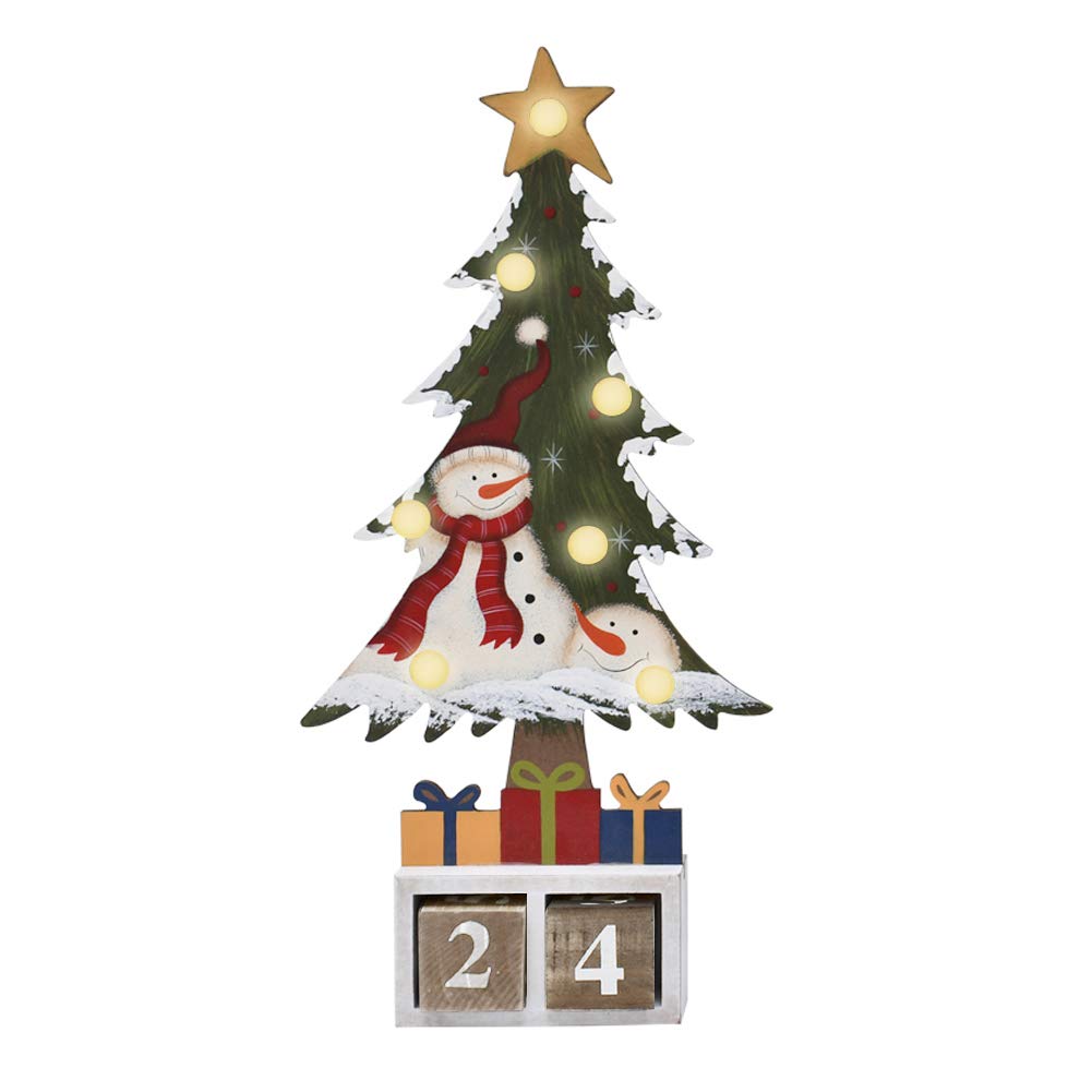 Christmas Tree Advent Countdown Calendar, LED Lighted Wooden Tabletop Christmas Countdown Calendar with Number Blocks (Red hat s