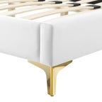 Modway Gwyneth Tufted Performance Velvet Twin Platform Bed in White with Gold Metal Legs