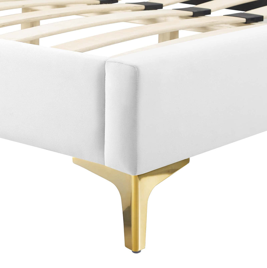 Modway Alexandria Tufted Performance Velvet Platform Bed with Gold Legs, Twin, White