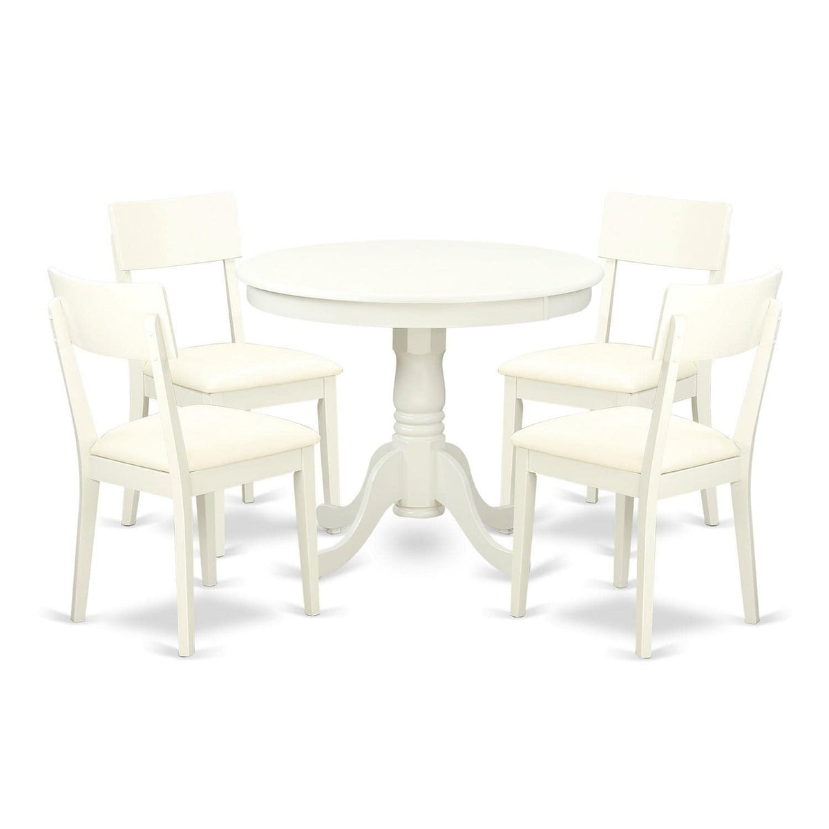 East West Furniture Anad5-Lwh-Lc 5 Piece Dining Set Includes A Round Kitchen Table With Pedestal And 4 Faux Leather Dining Room Chairs, 36X36 Inch, Linen White