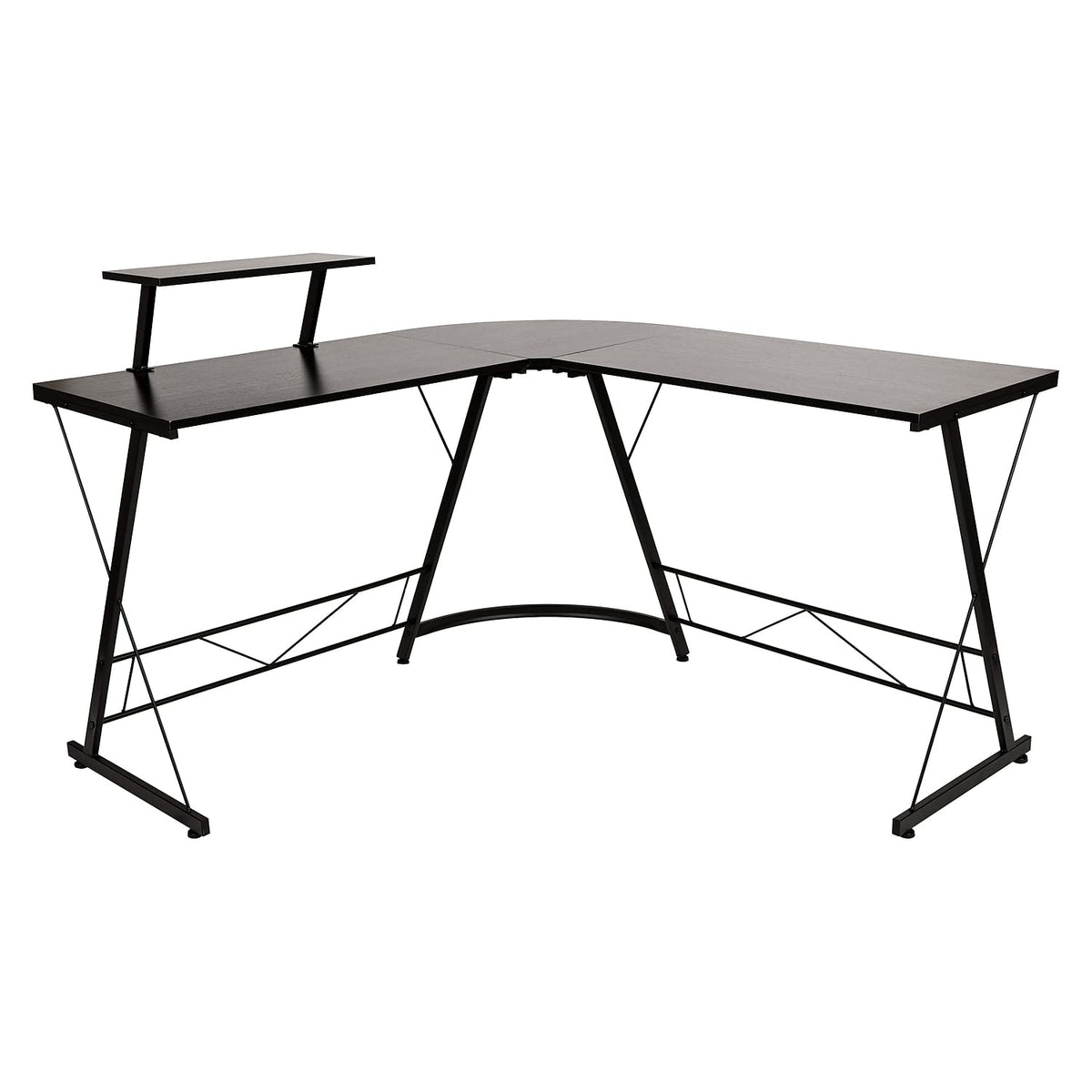 Flash Furniture Ginny Corner Desk - Black/Black Space Saving L-Shaped Gaming Desk with Monitor Shelf - 71.5" 2-Tier Computer Desk, Home Office Desk, Easy Assembly