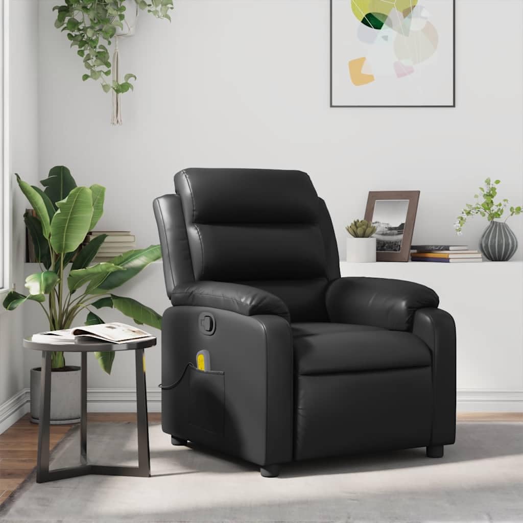 vidaXL Massage Recliner Chair with 6-Point Vibration Massage and Convenient Side Pocket, Black Leather Rocker, Adjustable Backrest & Footrest Lounge Seat for Living Room, USB Charge Port