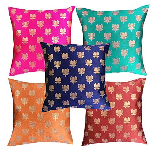 Vireo Designer Gold Colour Jacquard Cushion Cover(18X18Inch, Multicolour)  Set Of 5