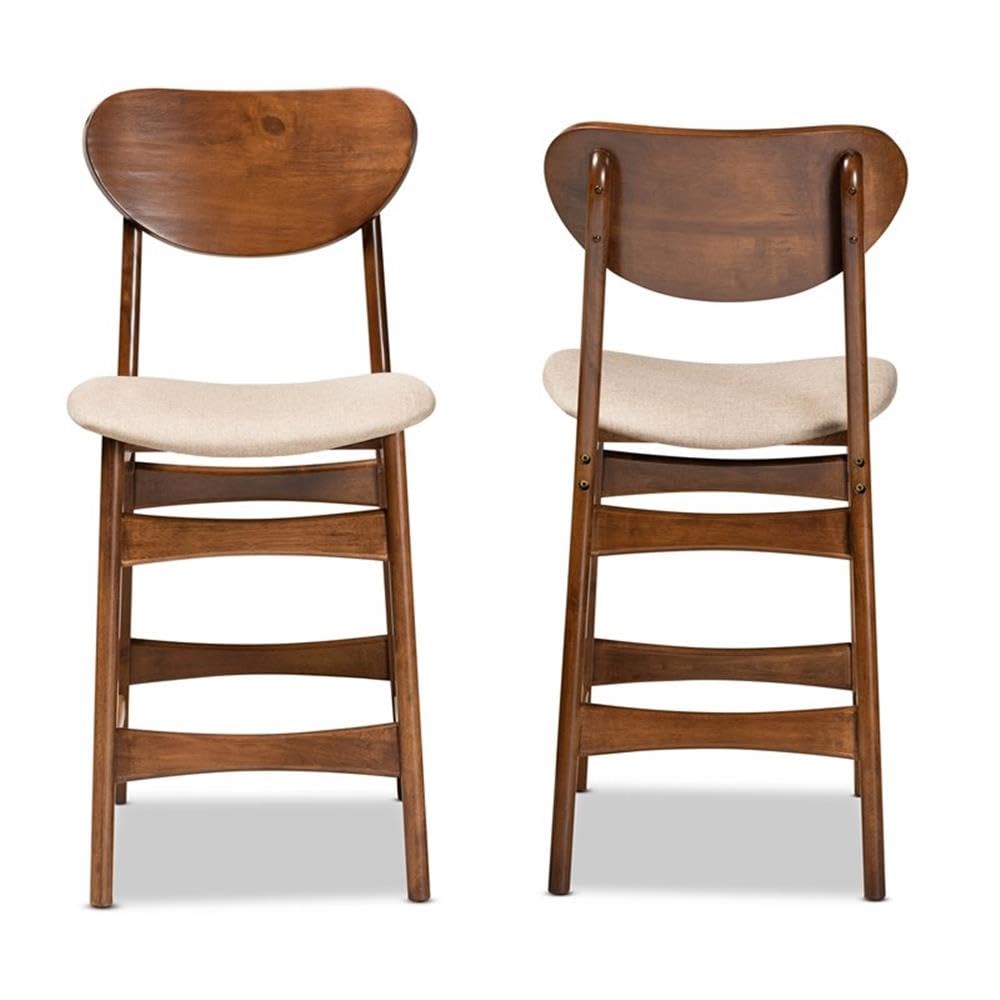Baxton Studio Katya Mid-Century Modern Sand Fabric Upholstered and Walnut Brown Finished Wood 2-Piece Counter Stool Set