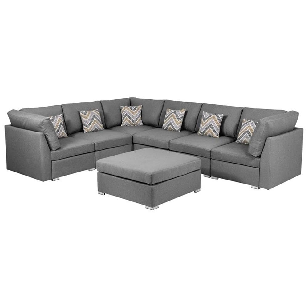 Lilola Home Amira Gray Fabric Reversible Modular Sectional Sofa with Ottoman and Pillows
