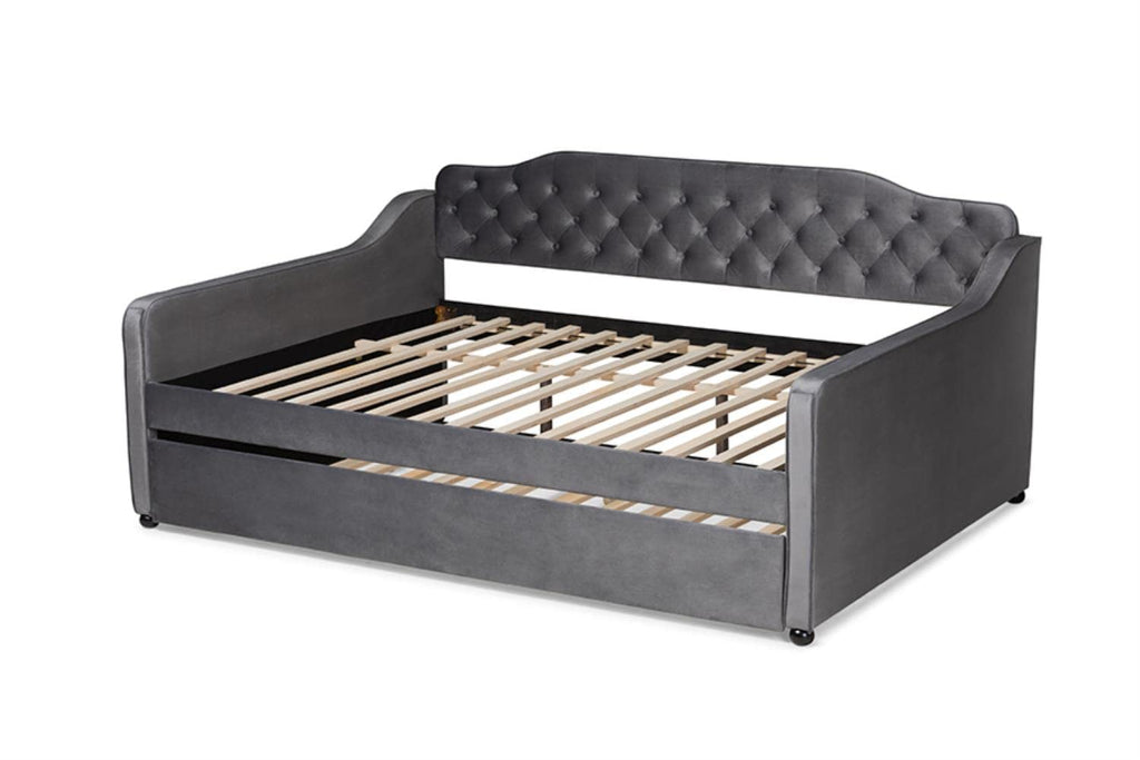 Baxton Studio Freda Gray Velvet Button Tufted Queen Wood Daybed with Trundle