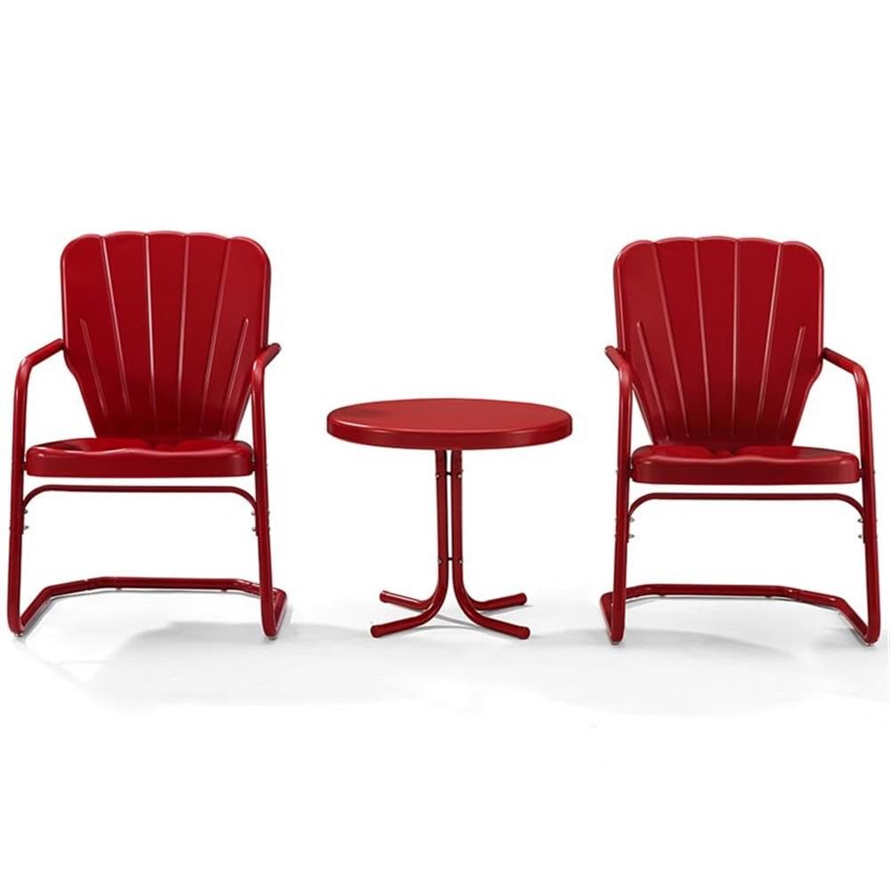 Crosley Furniture Ridgeland 3-Piece Outdoor Chair and Side Table Set, Retro Metal Bistro Patio Sets for Deck, Red