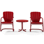 Crosley Furniture Ridgeland 3-Piece Outdoor Chair and Side Table Set, Retro Metal Bistro Patio Sets for Deck, Red