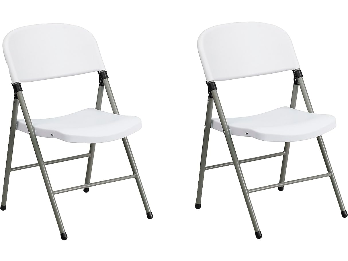 HERCULES Series White Plastic Folding Chairs | Set of 2 Lightweight Folding Chairs with Gray Frame