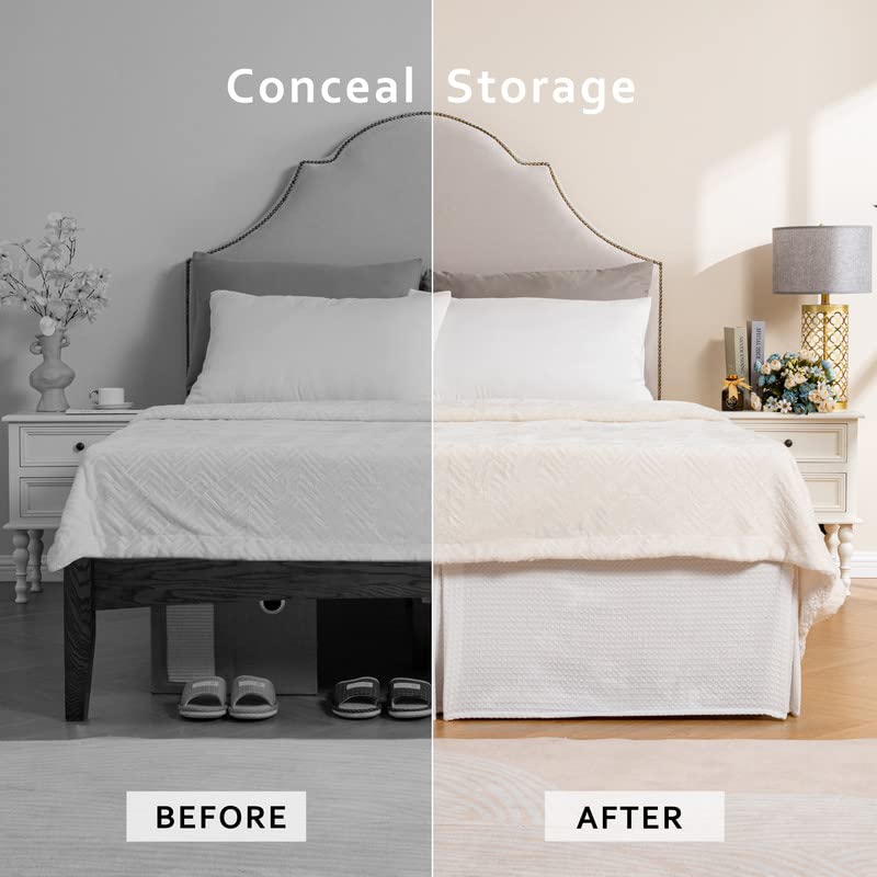 Miye Pleated Waffle Weave Bed Skirt, Tailored Dust Ruffle 16 Inch Drop Easy Fit, Machine Washable (White, Queen - 16'' Drop)