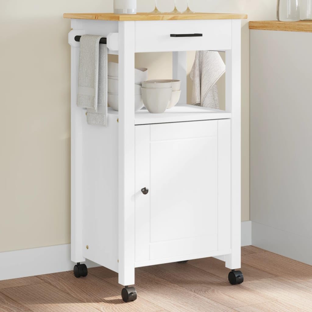 vidaXL Solid Pine Wood Kitchen Trolley - White & Honey Wax Finish, Rolling Storage Cart with Drawer, Shelves and Wheels for Kitchen/Living Room/Bathroom