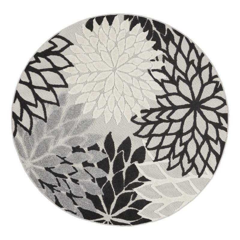 Nourison Aloha Indoor/Outdoor Black White 4' X Round Area Rug, Tropical, Botanical, Easy Cleaning, Non Shedding, Bed Room, Livin