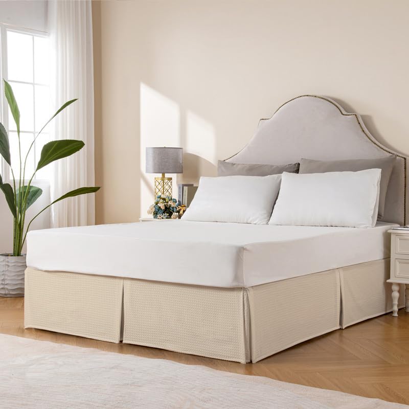 Miye Pleated Waffle Weave Bed Skirt, Tailored Dust Ruffle 12 Inch Drop Easy Fit, Machine Washable (Cream, King - 12'' Drop)