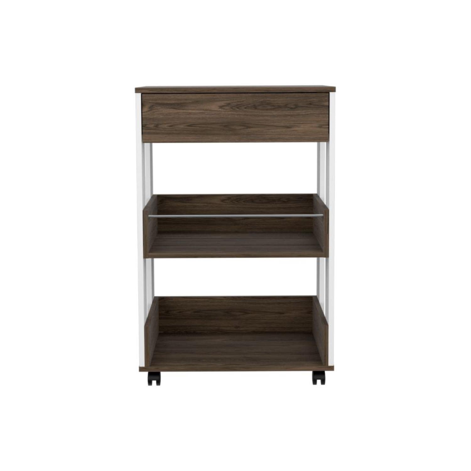 Modern Kitchen Cart 35" H, 4 Casters, 3 Shelves, White/Dark Walnut