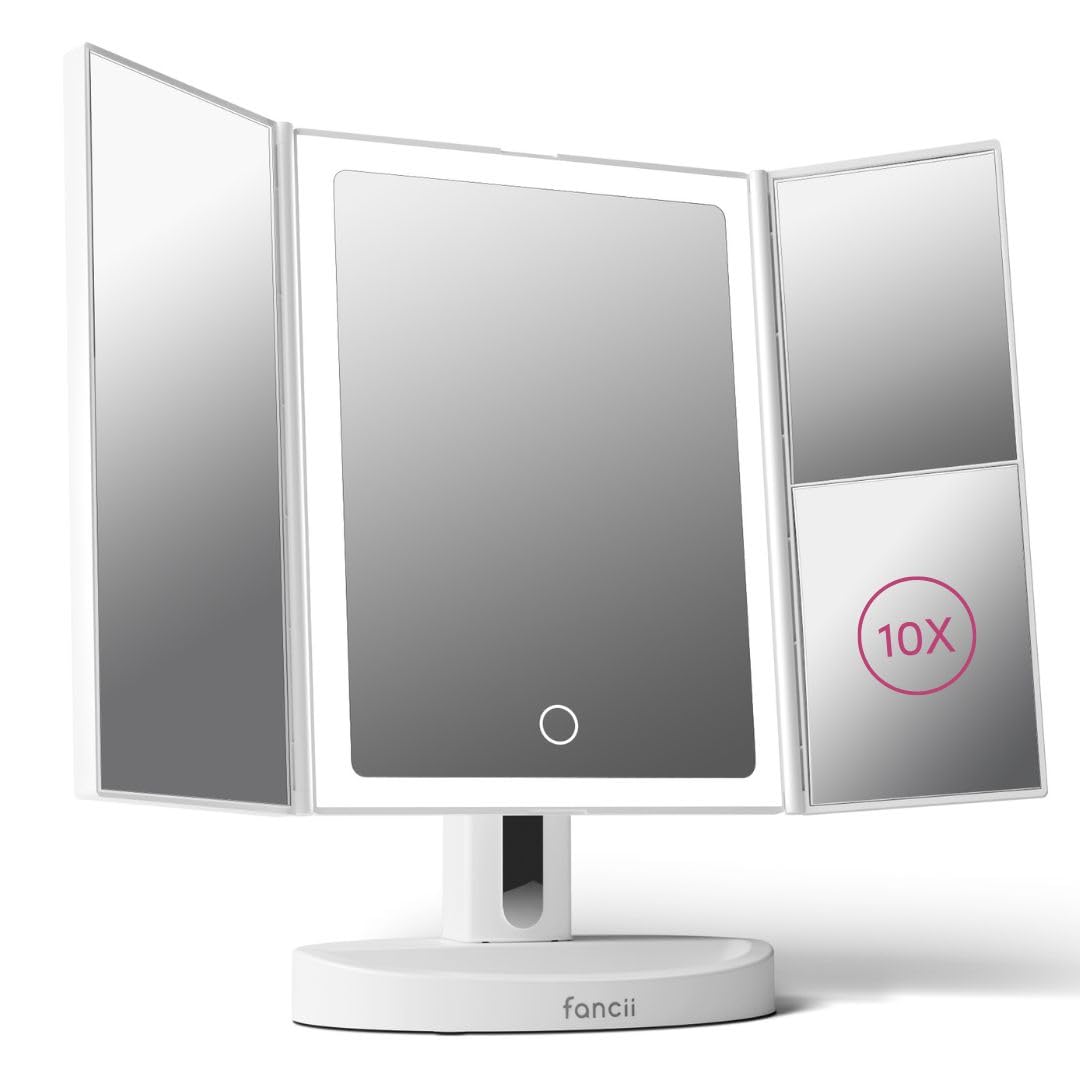 Fancii LED Lighted Vanity Makeup Mirror, Rechargeable Trifold Mirror with 5X & 10x Magnifications - 68 Dimmable Natural Lights, 