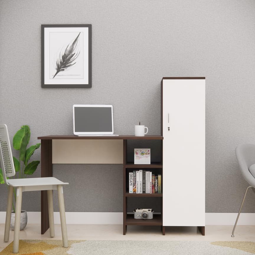 Furnesta Hutch Desk With Storage, Multipurpose Study Table For Office & Home, Highland Pine & Asian Walnut, Waterproof Termitep
