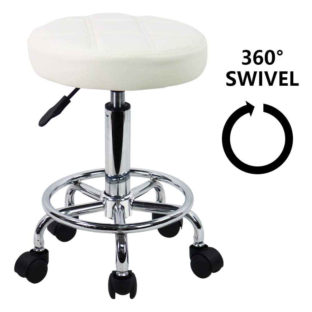 Kktoner Round Rolling Stool Chair Pu Leather Height Adjustable Swivel Drafting Work Spa Shop Salon Stools With Wheels Office Chair Small (White)