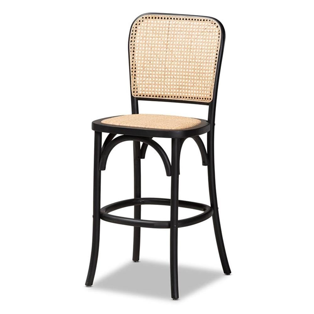 Baxton Studio Vance Midcentury Modern Brown Woven Rattan And Black Wood Cane Counter Stool