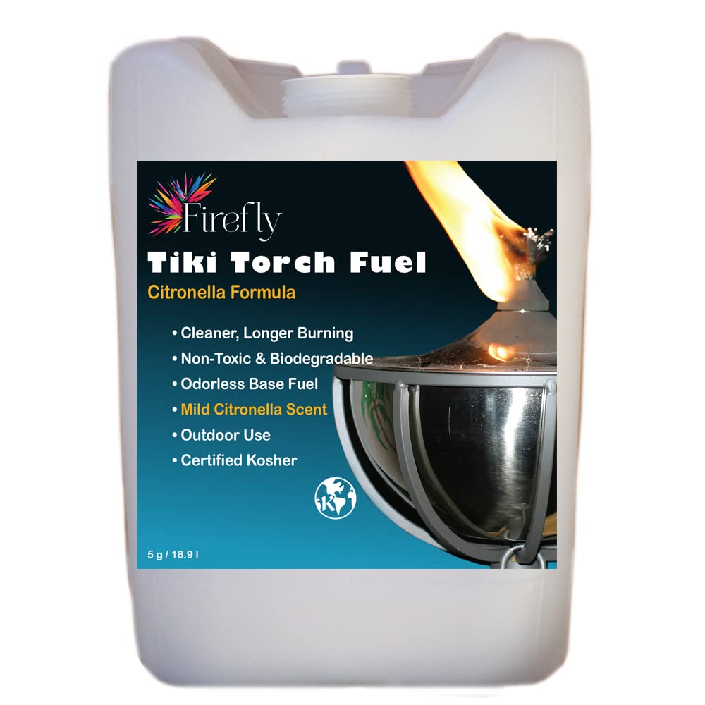 Firefly Bulk Tiki Fuel Scented with Citronella Essential Oil - Tiki Torch Fuel - 5 Gallons - Odorless - Longer Burn