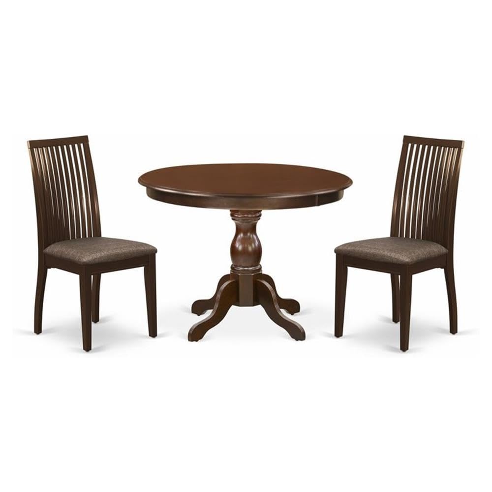 East West Furniture HBIP3-MAH-C 3 Piece Dining Room Furniture Set Contains a Round Kitchen Table with Pedestal and 2 Linen Fabri