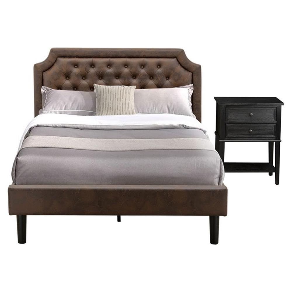 East West Furniture GB25F-1VL06 2-Pc Wooden Set for Bedroom with Full Bed and Wirebrushed Black Night Stand - Dark Brown Faux Leather and Black Legs