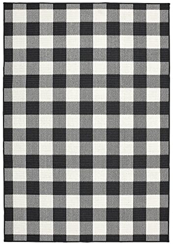 HomeRoots Polypropylene 7’x10’ Black and Ivory Gingham Indoor Outdoor Area Rug