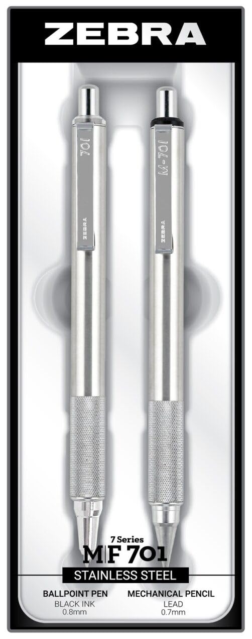 Zebra Pen M/F 701 Stainless Steel Mechanical Pencil And Ballpoint Pen Set, Fine Point, 0.7Mm Hb Lead And 0.8Mm Black Ink, 2-Coun