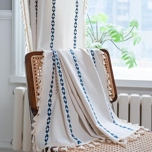 Sutuo Home Boho Curtains 84 Inches For Bedroom Living Room, Semi Blackout Farmhouse Vintage Tassels Window Treatment Bohemian Embroidery Drape, Rod Pocket 1 Panel 52' W X 84' L, White And Navy Blue