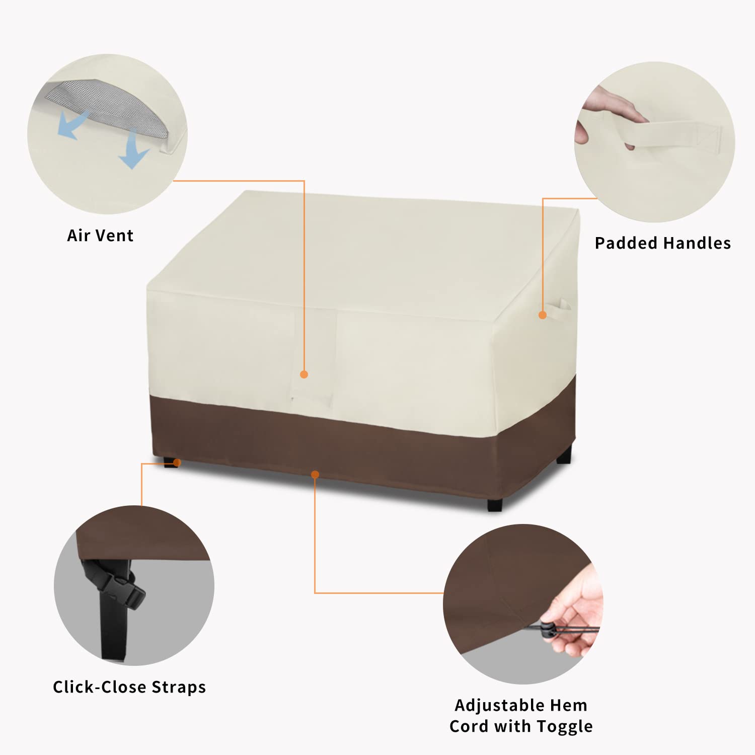 Easy-Goinchg Waterproof Outdoor Couch Cover, Heavy Duty 3-Seater Patio Sofa Cover, Winchdproof Outdoor Furniture Cover With Air Vent (62Wx40Dx33H Inch, Beige/Dark Brown)