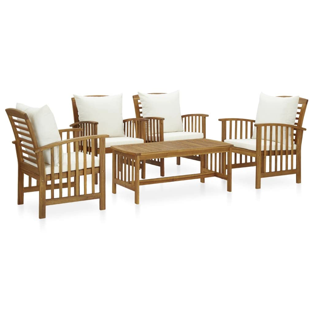 vidaXL 5 Piece Patio Lounge Set with Acacia Wood Construction, Cream White Cushions, Spacious Table & Comfortable Seating - Outdoor Garden Furniture