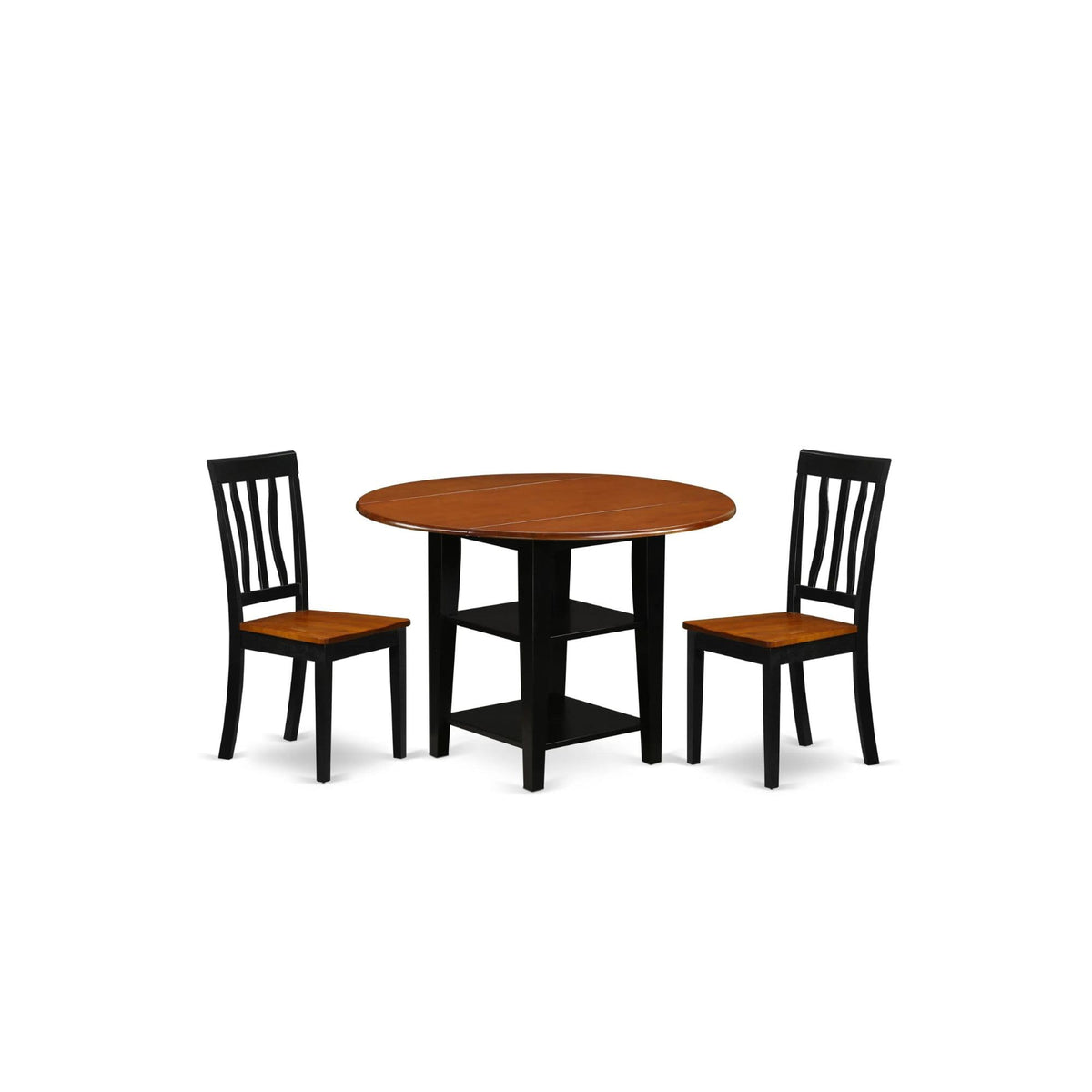 East West Furniture Suan3-Bch-W 3 Piece Dining Room Table Set Contains A Round Dining Table With Dropleaf & Shelves And 2 Wood Seat Chairs, 42X42 Inch, Black & Cherry