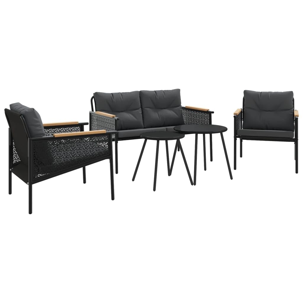 vidaXL 5 Piece Balcony Furniture Set - Black Steel, Textilene, Teak Wood, with Cushions for Patio, Garden, Terrace