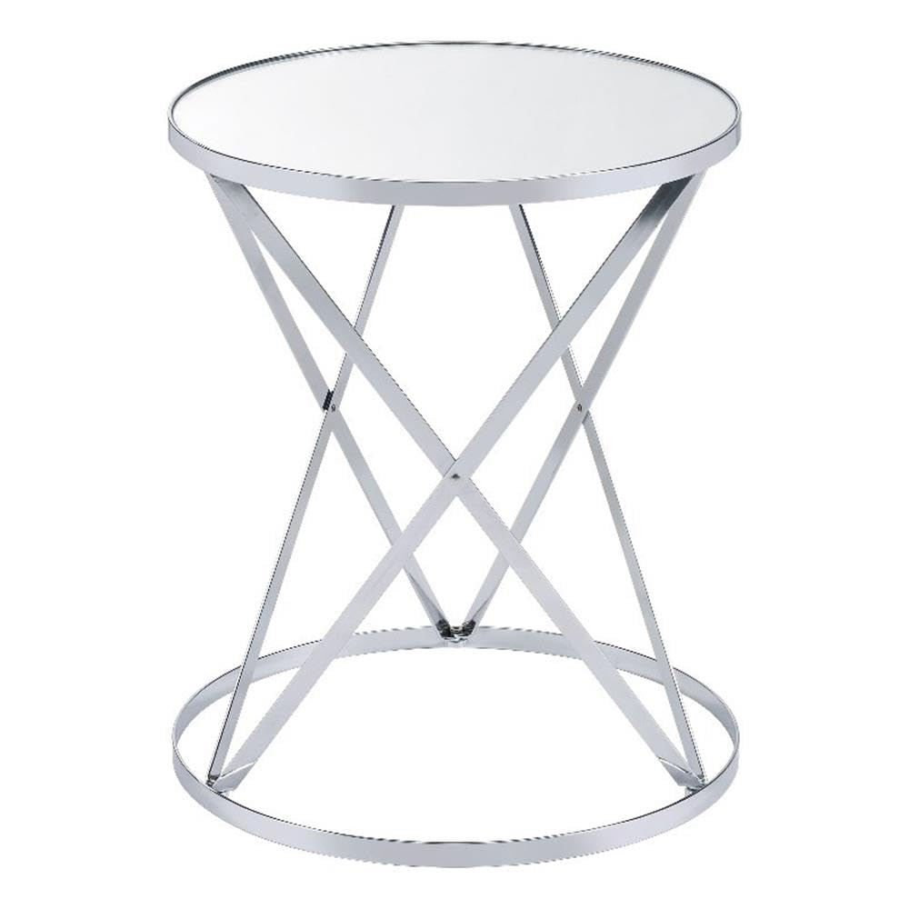 Acme Flux Round Side Table with Metal Base in Mirrored and Chrome