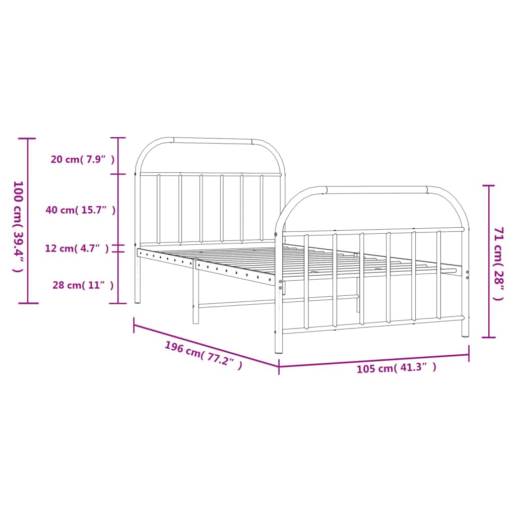 vidaXL Metal Bed Frame with Headboard and Footboard, Powder-Coated Steel Construction, Breathable Design, Extra Under-Bed Storage Space, White, Fits 39.4"x74.8" Mattress