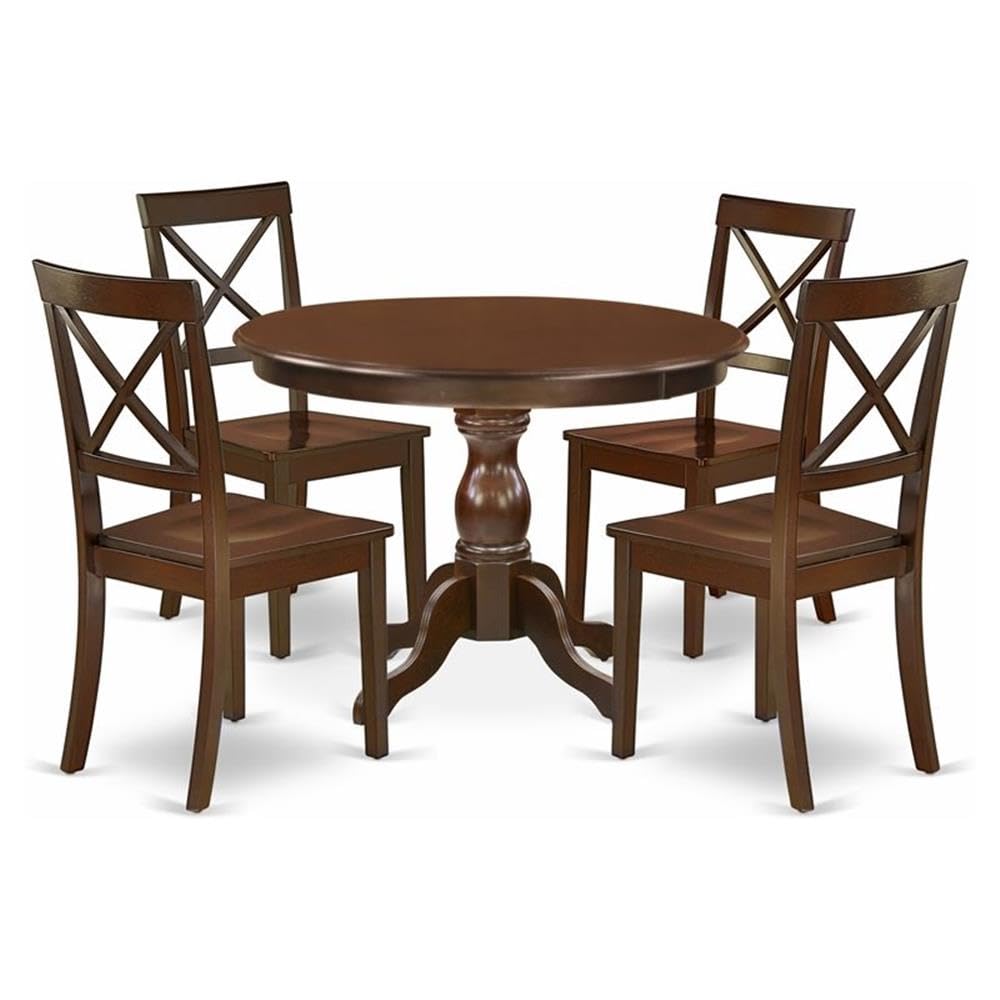 East West Furniture HBBO5-MAH-W 5 Piece Dining Set Includes a Round Dining Table with Pedestal and 4 Kitchen Chairs, 42x42 Inch,