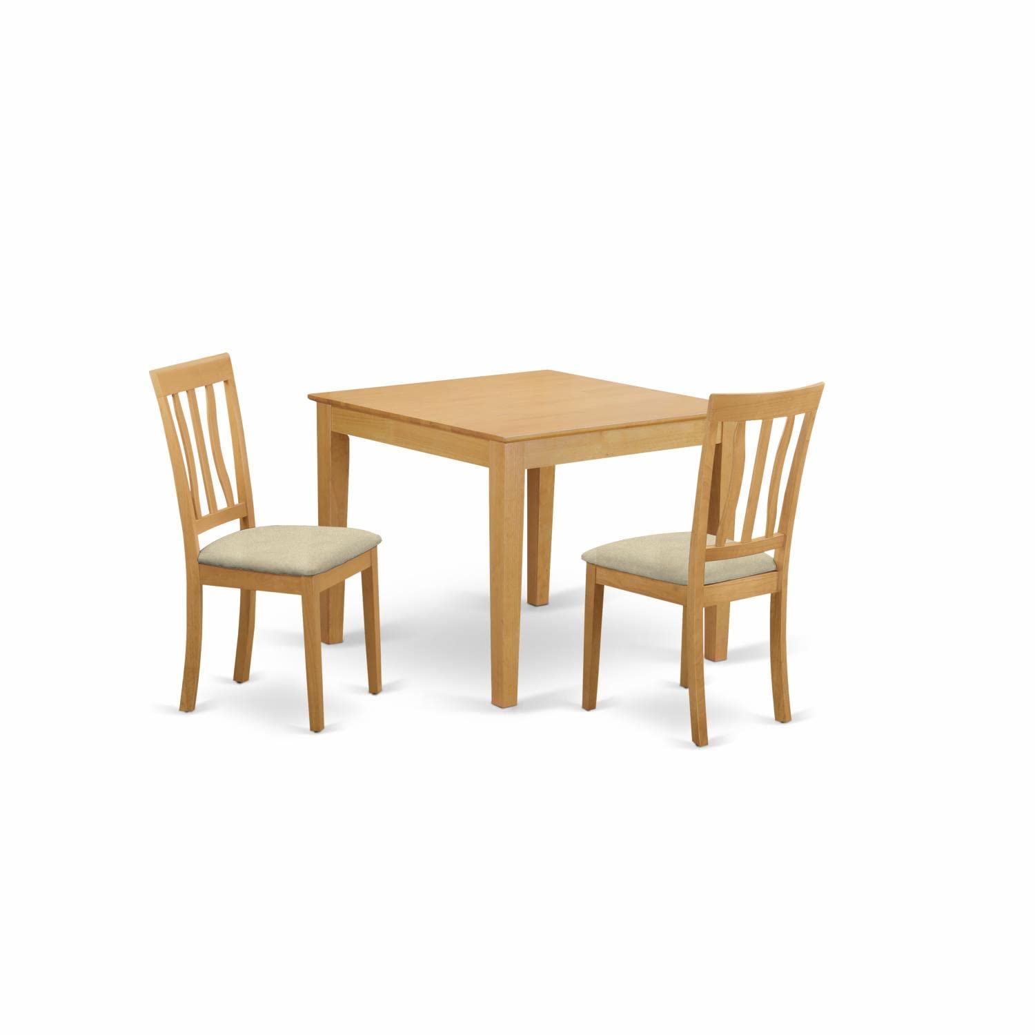 East West Furniture OXAN3-OAK-C 3 Piece Dining Table Set for Small Spaces Contains a Square Dining Room Table and 2 Linen Fabric Upholstered Chairs, 36x36 Inch, Oak
