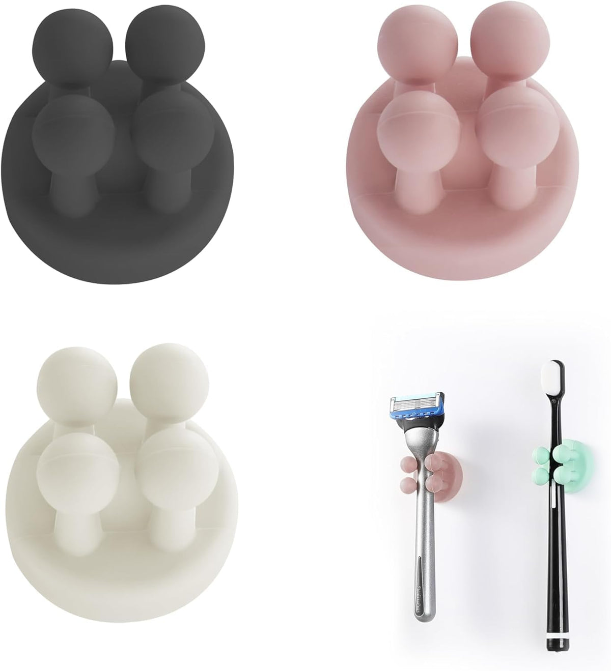 4 Pcs Self Adhesive Toothbrush & Razor Holders Silicone Wall Mounted Hanging Hooks for Bathroom, Kitchen & Office | Waterproof M