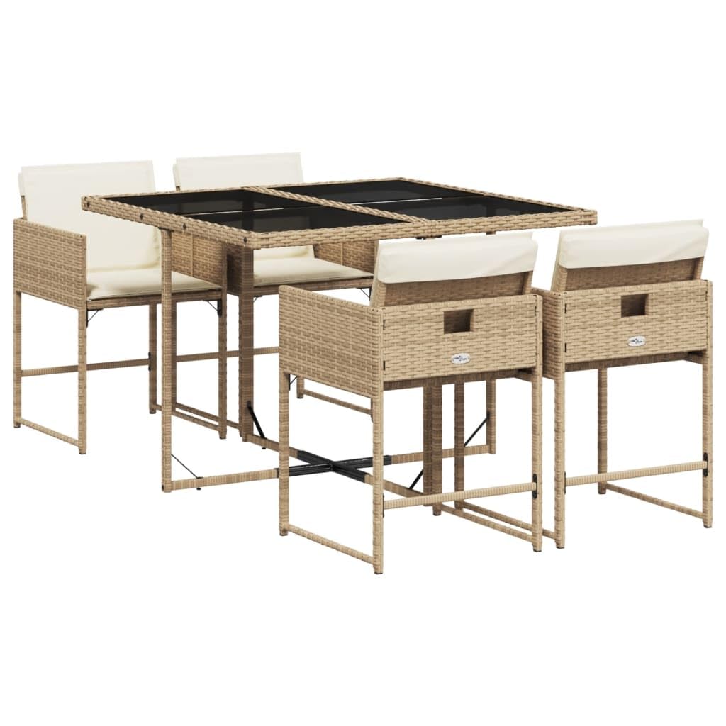 vidaXL 5 Piece Patio Dining Set - Beige PE Rattan, Cushions, Tempered Glass Tabletop, Foldable Chairs for Garden, Backyard, Patio