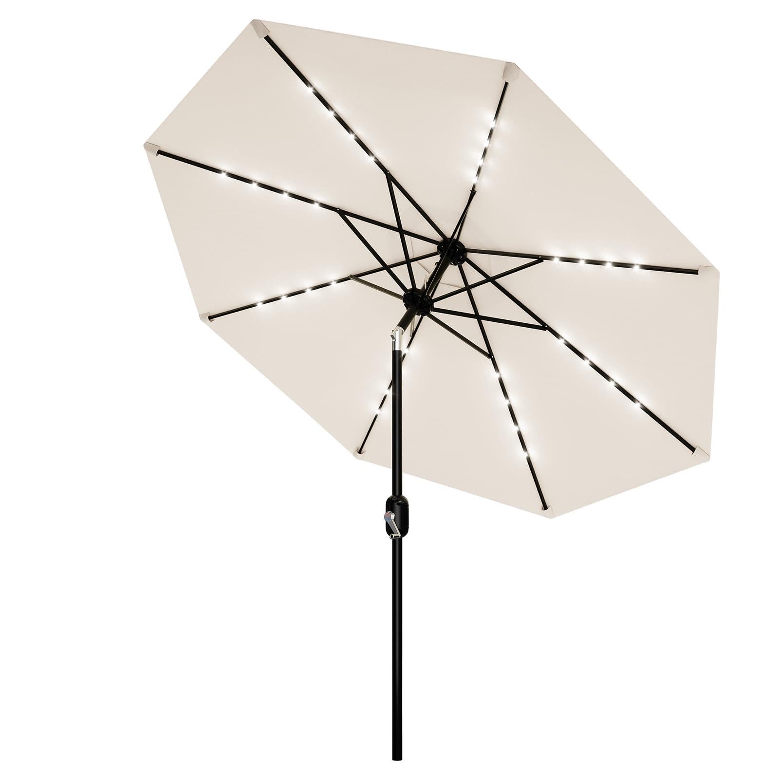 Garvee Patio Umbrella with Solar Lights, Outdoor Table Umbrella with 8 Durable Ribs, Tilt & Crank Mechanism, Waterproof & UV Pro