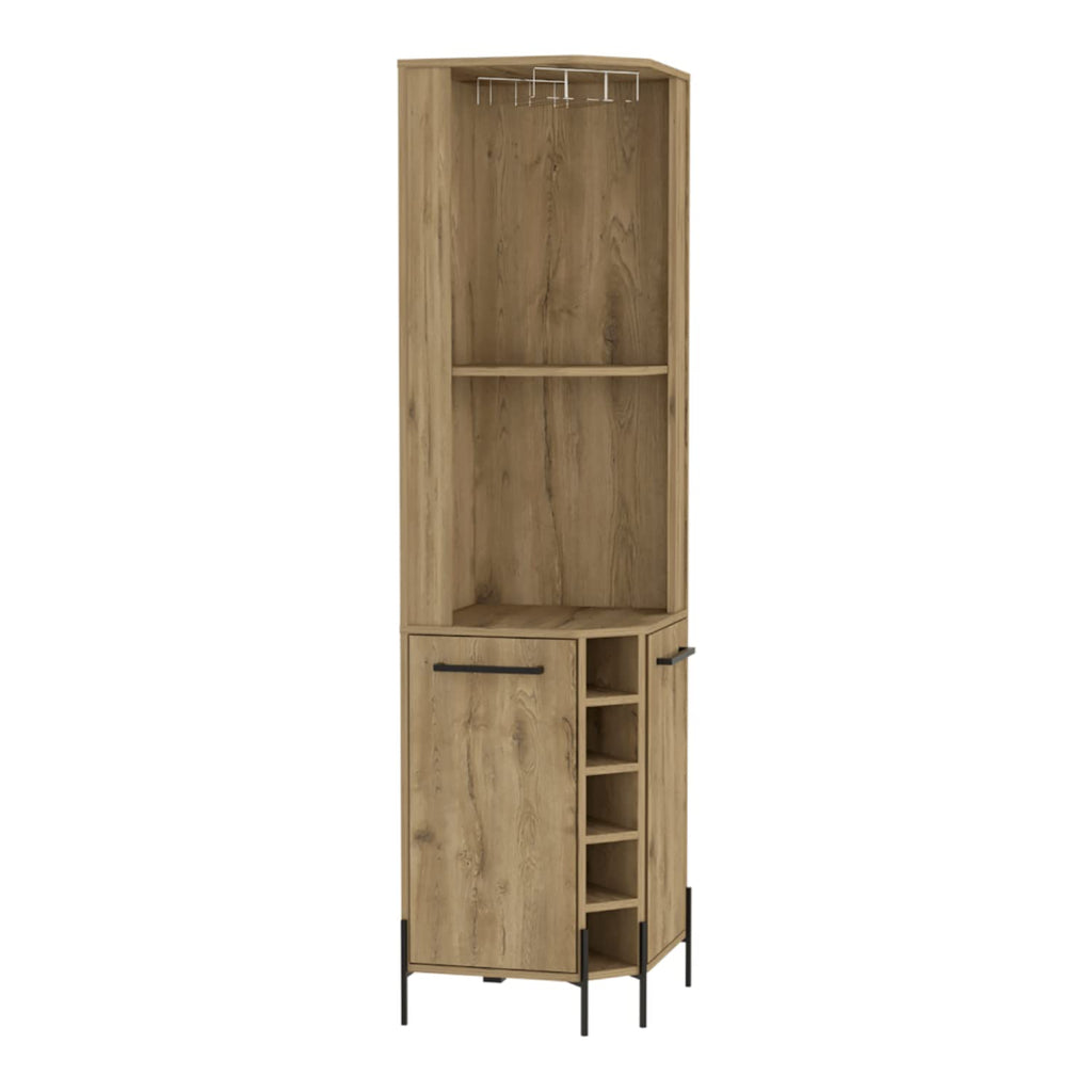 Bosnia Corner Bar Cabinet With 2 Open Shelves, 5 Wine Cubbies, 2 Cabinets, 4 Inner Shelves, And Glass Rack, Macadamia