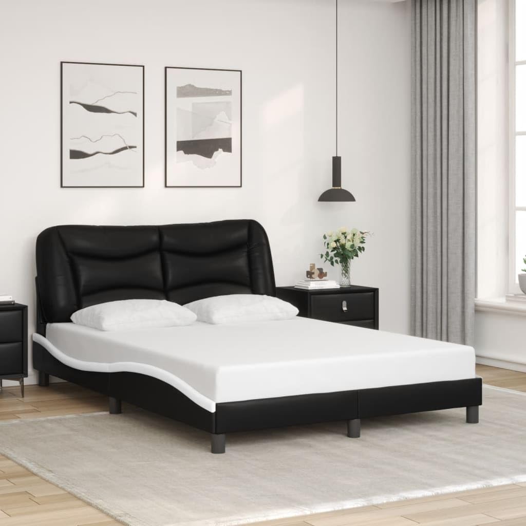 vidaXL Faux Leather Full Bed Frame with Headboard - Black/White 53.9"x74.8" - Modern Double Bed with Plywood Slats & Stuffed Cushion