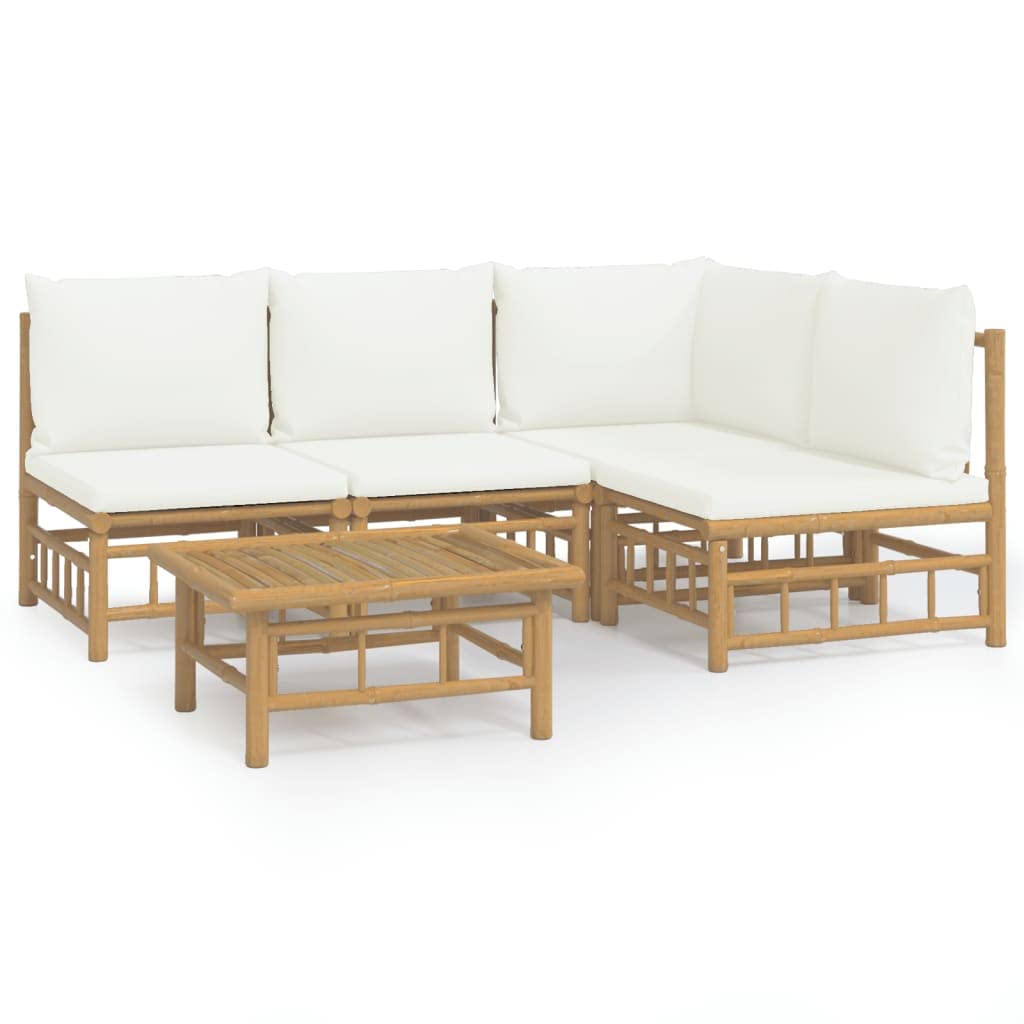 vidaXL Farmhouse Styled Bamboo Patio Lounge Set - 5 Piece Outdoor Furniture Set with Cream White Cushions - Flexible Modular Design for Personalized Configurations - Sturdy Table Included
