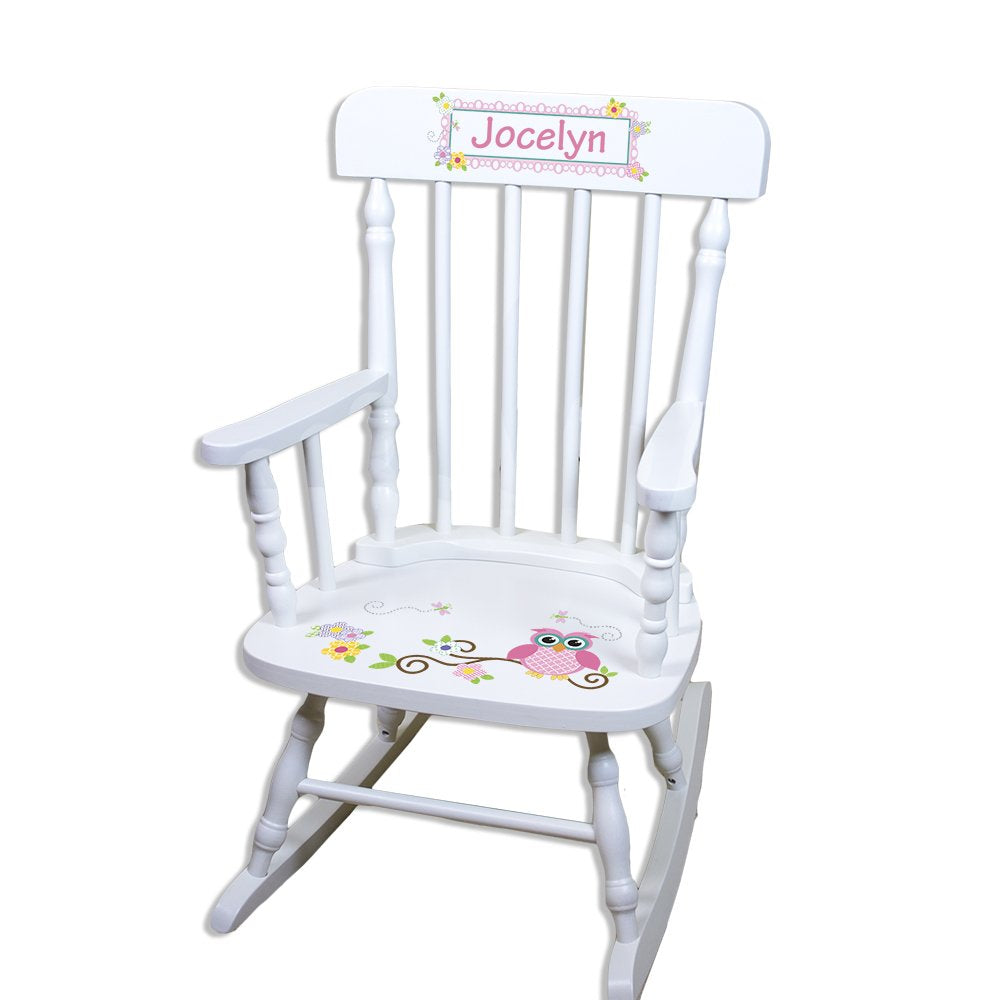 My Bambino Girls Personalized White Wood Rocking Chair Toddler Baby Gift (Calico Owl)
