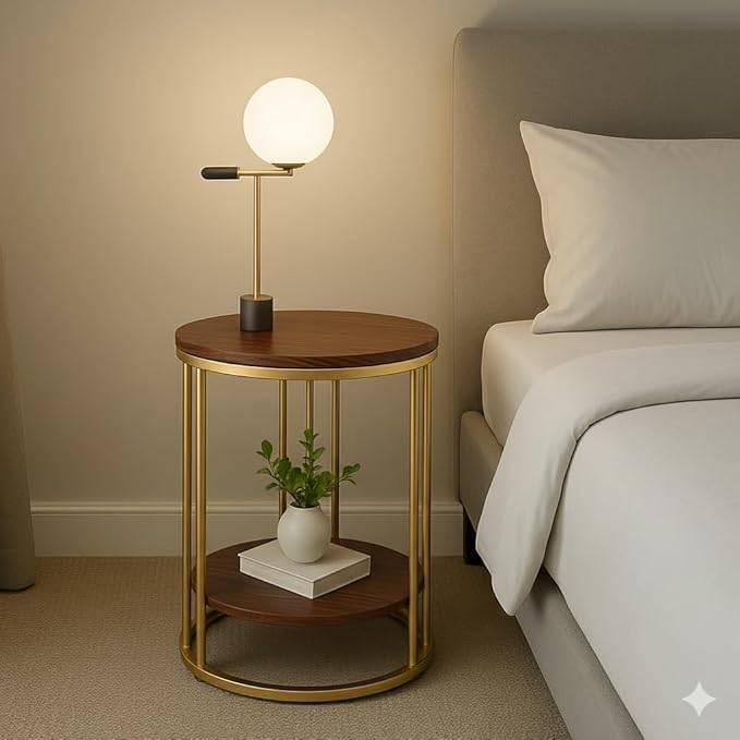 Metalfy Metal Round Coffee Table With Extra Shelf For Living Room & Bedroom, Side Table For Small Spaces, Wooden Top & Metal Fra