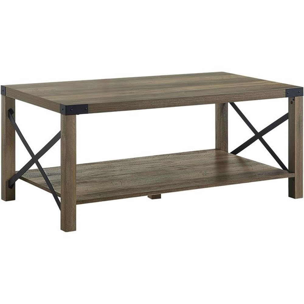 Acme Abiram Rectangular Wooden Coffee Table with Bottom Shelf in Rustic Oak