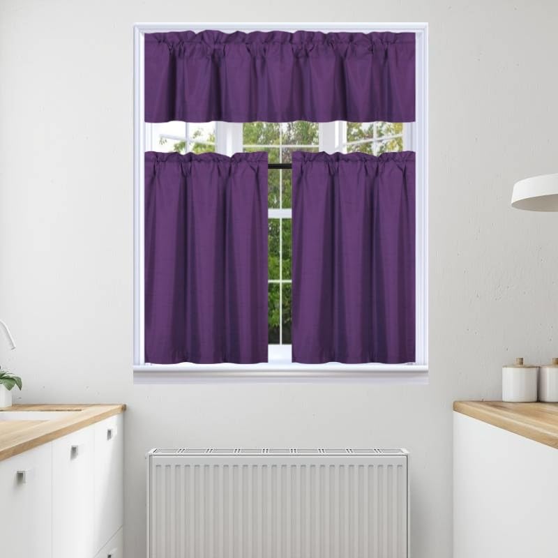 3Pc Set Solid Faux Silk Lined Blackout Rod Pocket Small Kitchen Window Curtain With Valance (K3) (Purple)