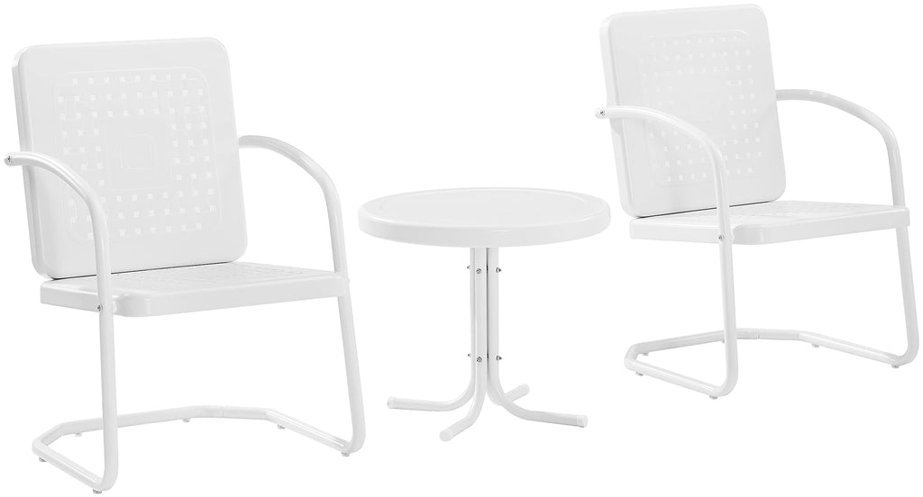 Crosley Furniture Bates 3-Piece Outdoor Chair And Side Table Set, Retro Metal Bistro Patio Conversation Sets, White Gloss And White Satin